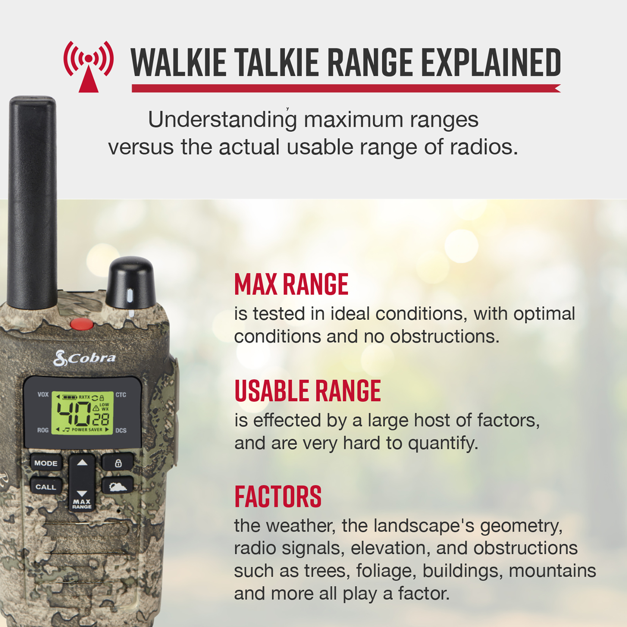 Cobra, 32 Mile Rugged Two-Way Radio Truetimber Strata 2Pk, Range 32 mile, Channel (qty.) 40 Model# RX380TTC